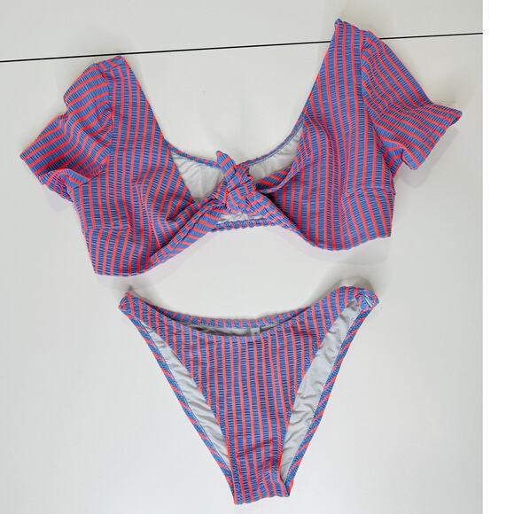 Solid & Striped Lilac & Orange Striped Front Tie Bikini 2 Piece Bathing Suit M - Picture 3 of 12